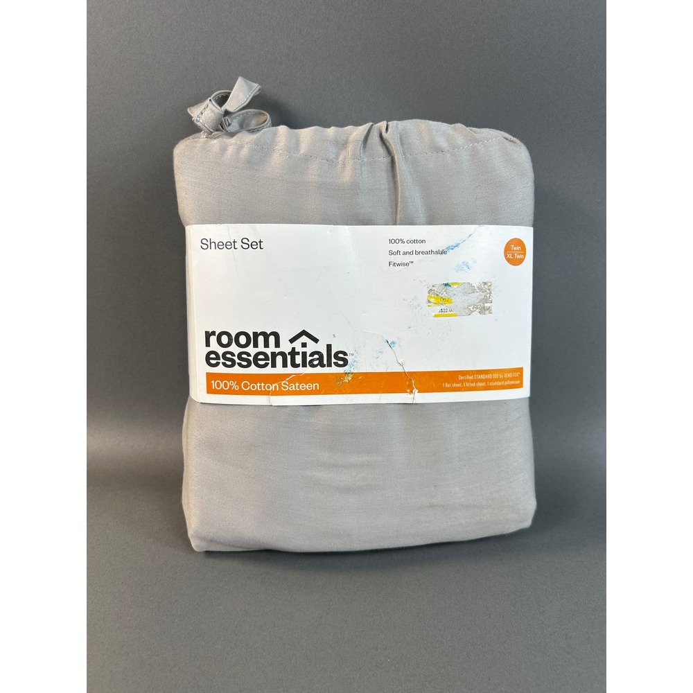 Room Essentials Twin XL Sheet Set 100% Cotton Sateen Gray 3 Piece Fitwise